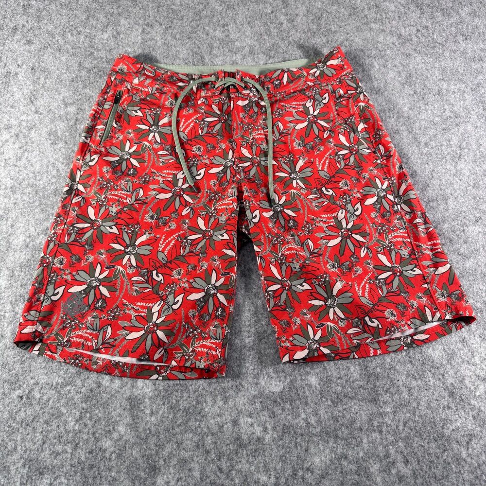 Stio Board Shorts Mens 33x10 Red Aloha Floral Drawstring Swim Trunks Ocean
